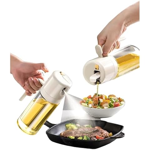 PREMIUS 2-In-1 Glass Oil Dispenser with Sprayer Bottle, 18.6 Ounces, 2 Functions Pour & Fine Mist, Perfect for Kitchen, Grilling, BBQ, Roasting, Sautéing, & Dressing Salads, Space-Saving, White Cover