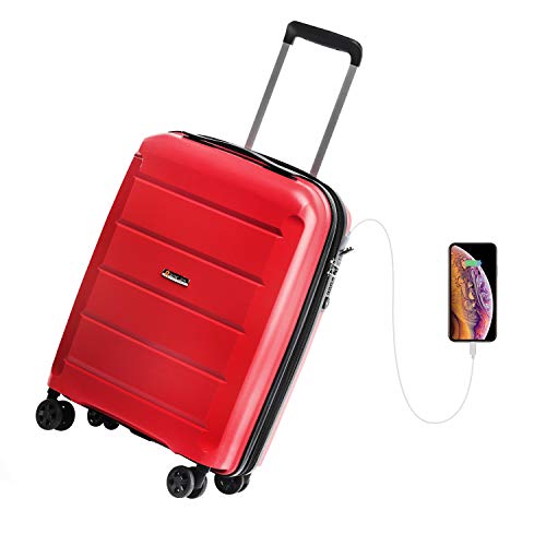 Reyleo - Maleta de cabina, maleta rígida con 8 ruedas, puerto USB, cerradura TSA, maleta de 100 % polipropileno, resistente, ultraligera, 32 L, color rojo