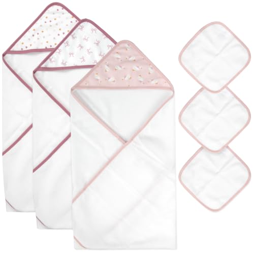 Image of Jessica Simpson Baby 6-Piece Hooded Towel & Washcloth Set - Soft Polyester Hooded Towels + Matching Washcloths (Pink Bows & Hearts)