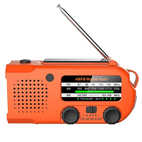 天気ラジオ緊急ソーラーハンドクランクラジオ AM/FM/家や屋外の緊急事態のために、 sアラーム、懐中電灯、読書ランプ、 USB充電(Orange)