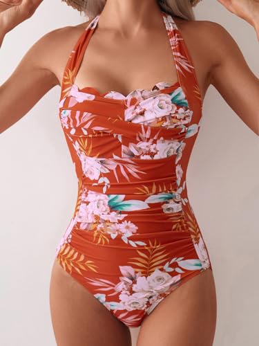 Image of Eomenie Women One Piece Tummy Control Swimsuit Halter Scallop Trim Bathing Suits 1 Piece Vintage Ruched Slimming Swimwear
