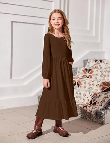 Image of Arshiner Girls Maxi Dresses Lantern Long Sleeve Casual Holiday Dress with Pockets for 5-14 Y