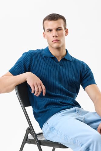 Image of SNITCH Men's T-Shirt | Slim Fit Ribbed Knit Polo Collar | 100% Cotton, Breathable Fabric & Soft Texture, Casual Wear & Street Wear