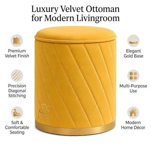Image of Luxury Round Velvet Ottoman Stool with Gold Base - Modern Upholstered Footrest Pouffe, Tufted Vanity Seat, Living Room Bedroom Dressing Stool (Yellow)