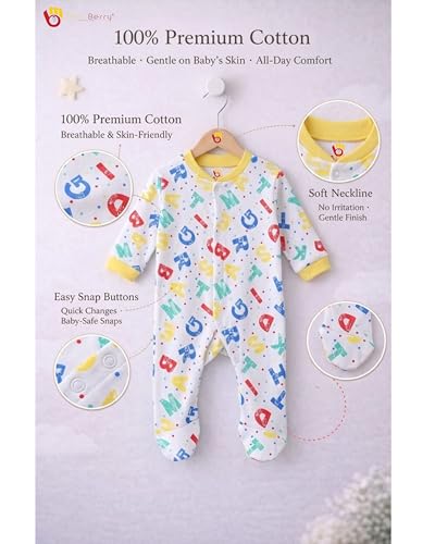 Image of Mini Berry Born Baby Multi-Color Long Sleeve Body Suit,Romper, Sleep Suit for Boys and Girls Pack of 3pcs Set