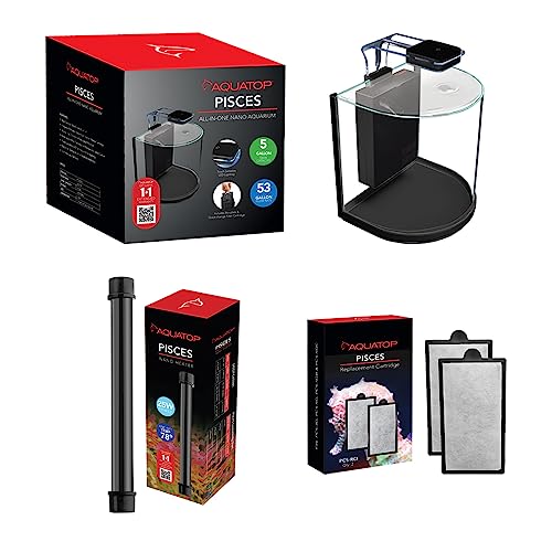 Aquatop Pisces Curved Bowfront Aquarium, 5 Gallons, 53Gph, Bundle Includes Heater & Filter Pads #TOP17