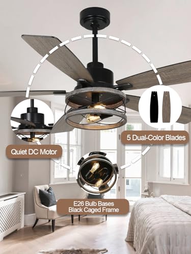 Image of 52 Inch Farmhouse Ceiling Fan with Lights Remote Rustic Fandelier Ceiling Fan Wood Caged Chandelier, 5 Dual Blades, Reversible Quiet DC Motor 6 Speeds for Bedroom Patio