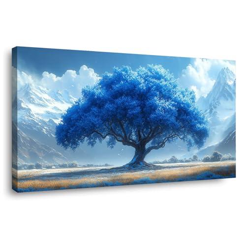Peinture Arbre de Vie bleu encadrée pour raviver un mur blanc de salon vide