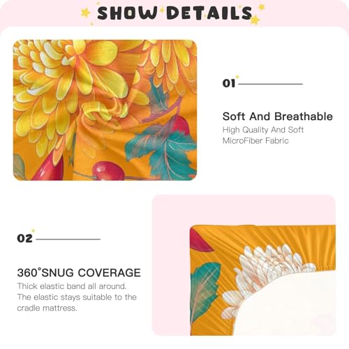 Image of Crib Sheet Breathable Soft Crib Mattress Sheet for Baby Toddler Boys Girls Fitted Crib Sheet Fit Standard Crib Mattress 39 x 27 Inch Orange Cute Chrysanthemum and Cherries