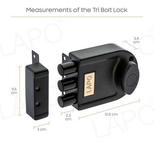 Image of LAPO Black TriBolt Deadbolt Lock, Modern Main Door Security Lock for Wooden Door, Fixed Cylinder with 4 Brass Keys, Suitable for Inside&Outside Opening, Heavy Duty Design for Long-Lasting Protection