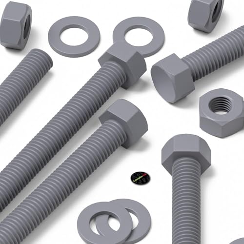 Image of 10x Grey PVC Hexagon Head Screws, Nuts & Washers, UPVC, M8 x 100 mm (5 /16 x 3-15 /16 in)