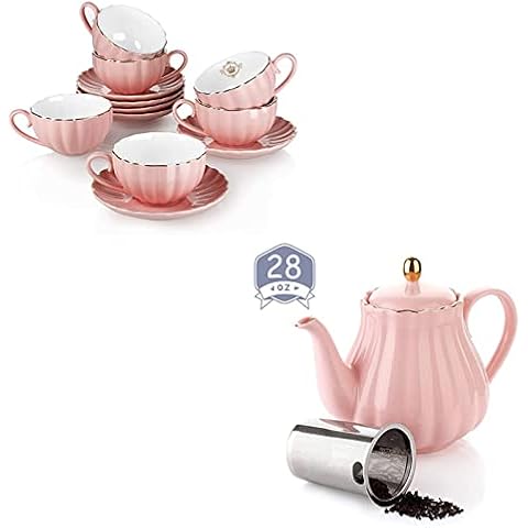 Amazingware Porcelain Tea Set - Tea Cup and Saucer Set Service for 6, with 28 oz Teapot- for Thanksgiving - Pumpkin Fluted Shape, Pink Cover