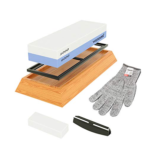 WENDOM Whetstone Knife Sharpener-1000 6000 Grit, Professional Knife Sharpening Stone Kit, Premium 2 Side Waterstone Set with Non-slip Bamboo Base,Flattening Stone,Angle Guide