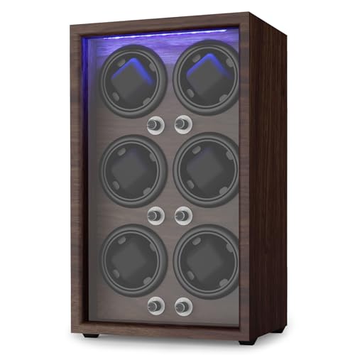 Domivans Watch Winder for Automatic Watches 6 Wooden Watch Rotating Case with LED Light 4 Rotation Modes Elastic Watch Pillows Quiet Mabuchi Motor