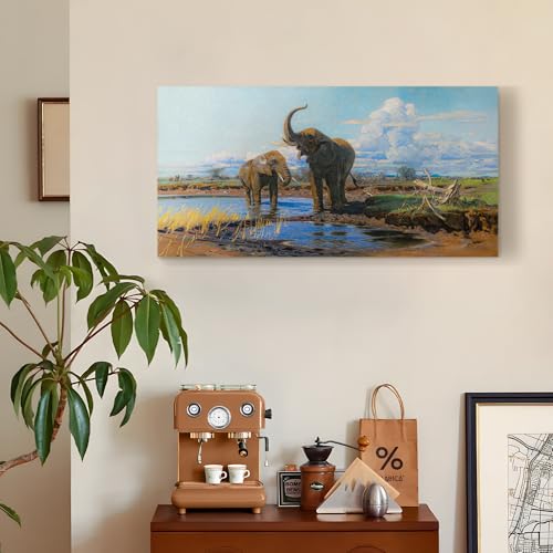 SERIMINO Large Wall Art for Living Room, Animal Elephants Vintage Wall Decor, Grassland Landscape Canvas Prints Paintings, Retro Pictures Home Decor for Bedroom, Farmhouse Bathroom Decor, 24x48 Inch