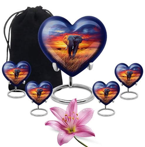Image of Elephant Urn Decorative Funeral Urn for Human Adult Man 1 Large & 4 Small | Large Decoraitve Urns, Keepsake Burial Urns, Memorial Urns for Male & Female