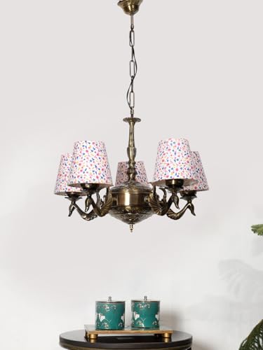 Image of Devansh 05-Light Printed Conical Multicolor Cotton Shade Chandelier - Antique Golden Finish | Adjustable Cord | Warm Glow Lamp - Ceiling Light for Living Room, Dining Area, BedroomDecor - D3