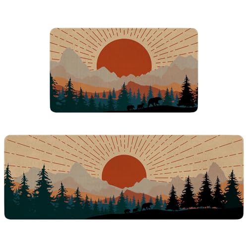 Faptoena Boho Sunshine Sunrise Sunset Kitchen Rugs Set Of 2, Simple Art Nature Abstract Aesthetic Kitchen Mats For Floor,Washable Sink Mats Home Decor Doormat+Runner Rug cover
