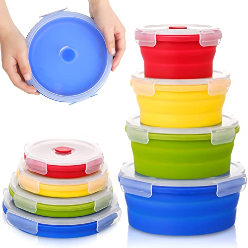 Nuenen Set Of 8 Collapsible Food Storage Containers With Lids Silicone Flat Collapsible Bowls For Stacks Travel Camping Meal Prep Container For Kitchen, Freezer Microwave Dishwasher Safe (Round) #TOP13