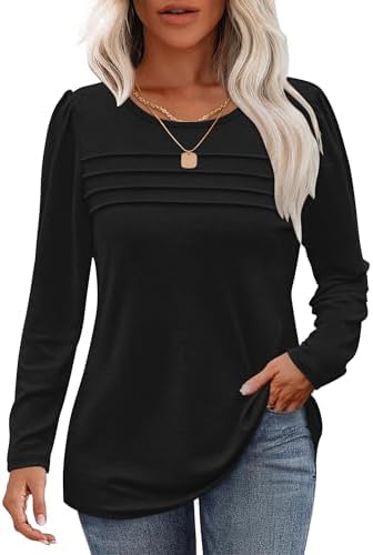 WNEEDU Sweatshirt Damen Langarmshirt Plissiert Rundhals Damen Pullover Top | Cloud Soft Sweatshirt Damen Biesen Falten Brust Elegante Schulter Details Vielseitiges Elegantes Oberte