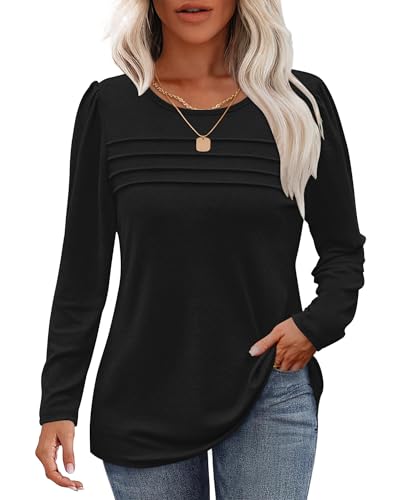 WNEEDU Damen Langarmshirt Rundhals Lässige Lose Pullover Damen Trendy Falten Sweatshirt Herbst Winter Puli Oberteile Bluse Tunika Tops Schwarz 2XL