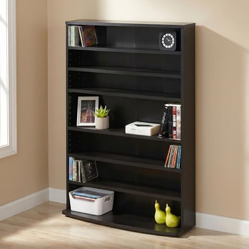 7-Tier Wide Open Shelf CD Rack, DVD Storage Cabinets with Adjustable Shelves, Easy Assembly DVD Shelf, Media Shelf for CD Blueray Game Disc, for Home Office, Living Room, Espresso
