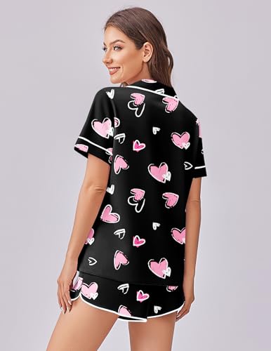 Image of Ekouaer Womens Silk Satin Pajama Set Print Short Sleeve Sleepwear Button Down Pjs Shorts Set Loungewear