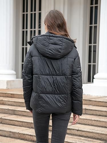 Women's Quilted Puffer Jacket Long Sleeve Full Zipper Winter Warm Padded Bubble Coat with Detachable Hood4