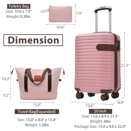 Lightweight Hardshell ABS Luggage Sets 3 Piece Carry on 22x14x9 Airline Approved Suitcases with Wheels 20 inch Pink (Pink)2