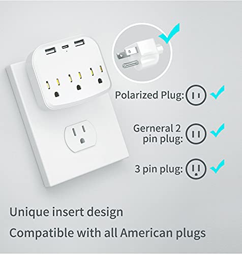2 Pack Multi Plug Outlet Extender with USB Wall Charger and USB C Charger , 3 Outlet Surge Protector, 2 USB Phone Charger , 1 Type-C, Multiple Power Outlet Expander for Home, Office