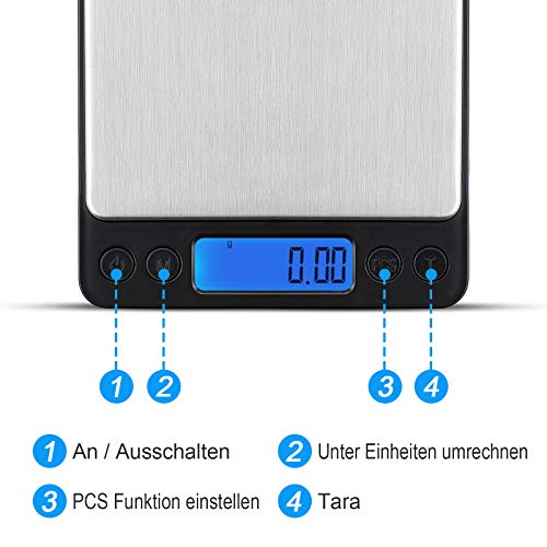 Defurhome Feinwaage 0.01g, Digitalwaage 500g/0.01g Taschenwaage, mit beleuchteter LCD-Anzeige, PCS Funktion,Tara-Funktion,6 Einheiten Konvertierung,TaschenwaageGoldwaage Münzwaage Küchenwaagen