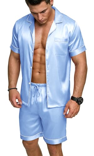 Ekouaer Mens Pjs Sets Silk Satin Short Sleeve Button Up Lounge Set with Pockets Light Blue Large