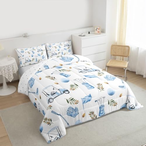 Image of Feelyou Golf Comforter Set King Size Leaves Bedding Set for Kids Boys Girls Sports Golfing Theme Duvet Quilt Bedroom Decor Microfiber 3 Pcs with 2 Pillow Cases