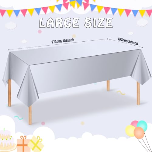 Image of 6 Pack Silver Plastic Tablecloth, Disposable Rectangle Table Covers, Holographic Metallic Foil Tablecloth Silver Party Supplies Decorations for Birthday Graduation Disco Bachelorette, 54x108Inch