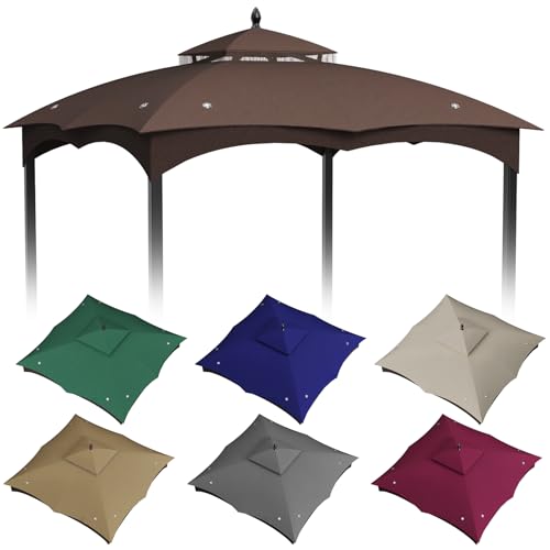 10x12ft Canopy Replacement Top for Lowes Allen Roth Gazebo #GF-12S004B-1 Two Tiered Waterproof Gazebo Cover Roof with 8 Drainage Holes for BBQ Outdoor Brown