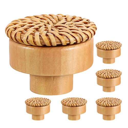 jojofuny Tiradores Decorativos Boho 6 Pomos de Madera de Ratán para Muebles de Cocina y Armarios Diseño Entrelazado