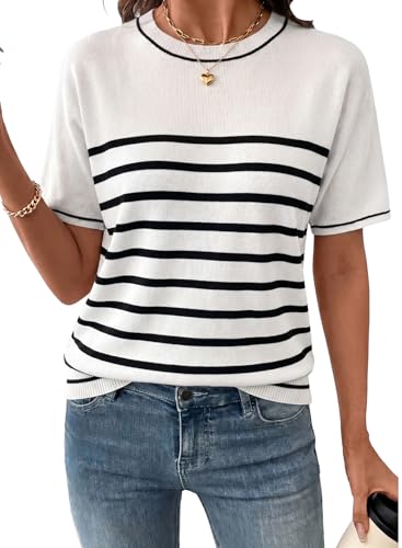 Image of SHEWIN Womens Tops Trendy Short Sleeve Shirts Crewneck Lightweight Knit Sweater Top Business Casual Outfits
