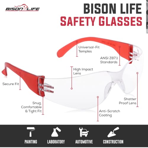 Image of BISON LIFE Clear Safety Glasses - ANSI Z87.1 Certified Scratch & Impact Resistant Eye Protection Goggles for Men & Women
