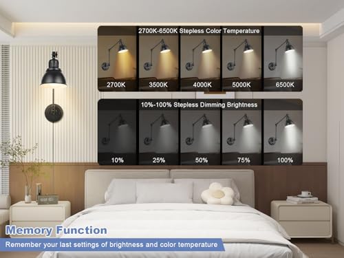 Image of GOODATE 2 Pack Plug in Wall Sconces with Remote, Dimmable, Adjustable Colors, Swing Arm Wall Lamps, Wall Sconces Set of Two with Timer & Night Light, Plug-in or Hardwired (Black, with Bulbs+Remote)