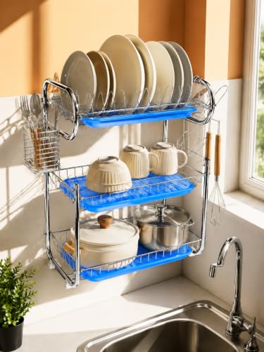 Image of AMOL Premium Stainless Steel 3-Tier Kitchen Rack - Wall /Countertop Dish Drainer with Utensil & Glass Holders, 3 Draining Trays - Rustproof Organizer