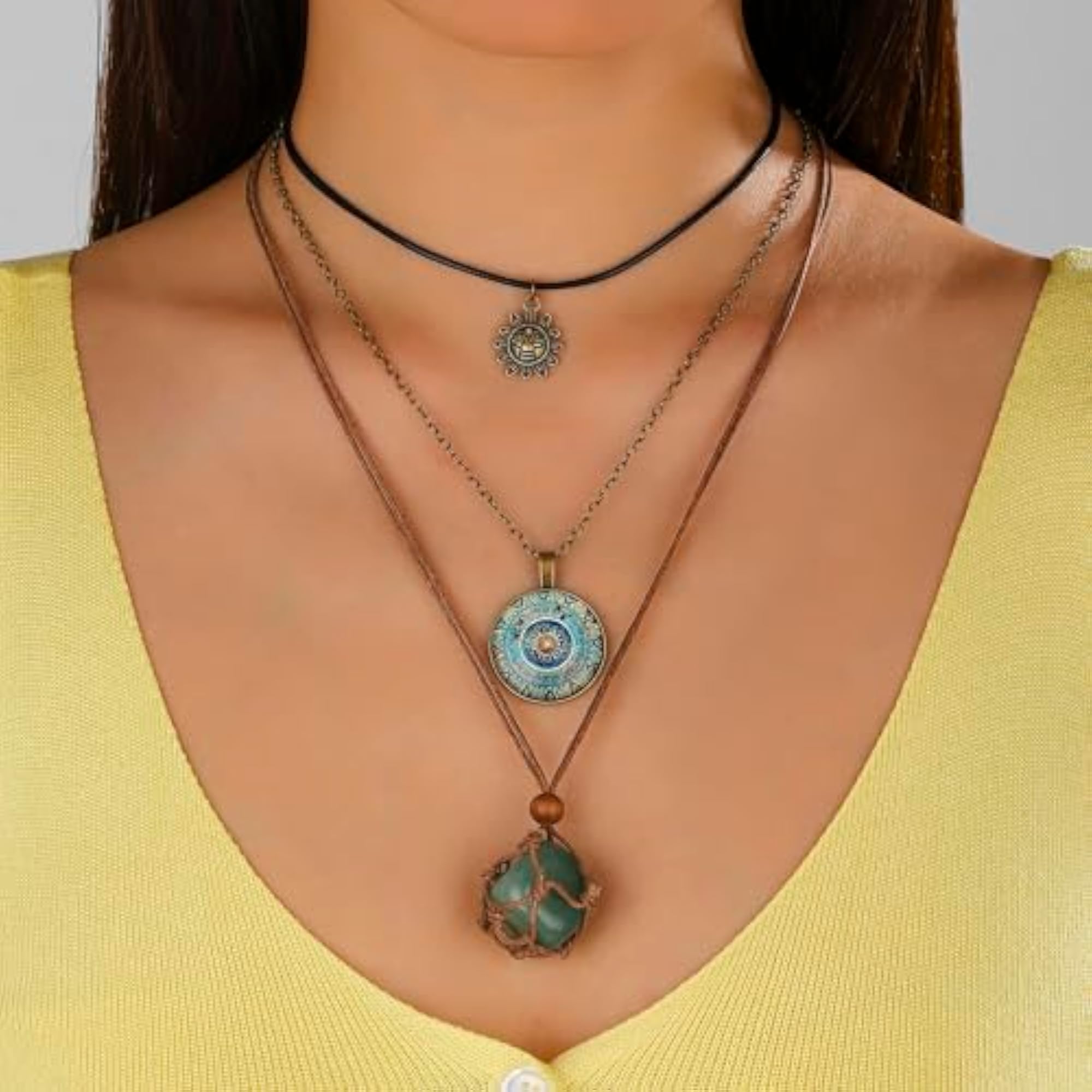 Women's Vintage Green Stone Boho Layered Necklace