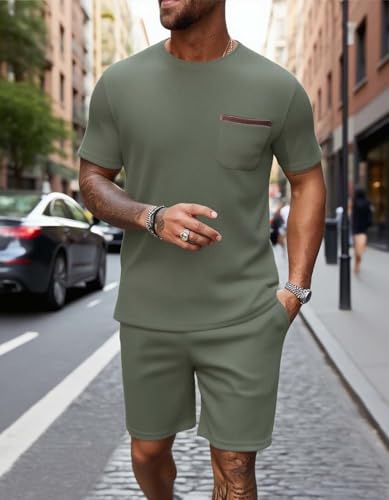 Annystore Mens Shorts Sets 2 Piece Outfits Summer Tracksuit Waffle Short Sleeve T Shirts and Shorts Set Beach Outfits2