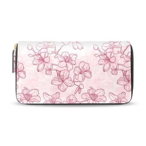 Long Wallets Leather Bifold Wallet for Women Cherry Blossom Pink with Zipper Large Capacity Credit Card Holder