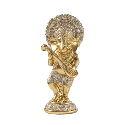 Estatua dorada de Ganesha con veena de resina miniatura 2