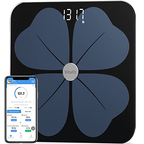 Vitafit Bascula de Baño Digital Grasa Corporal, Balanza Bluetooth con App, Bascula Electrónica Analógica Monitores con Análisis Corporal, 3 Mediciónes de Peso IMC Visceral e Muscular, Negro