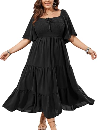 SCOMCHIC Women's Plus Size Flowy Maxi Dress Flutter Short Sleeve Boho Dress  Square Neck Smocked Formal Dresses for Women Black at Amazon Women's  Clothing store