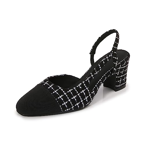 Slingback Pumps Women Chunky Heels Round Toe Two Tone Retro Splicing Office Shoes for Dress Party Wedding