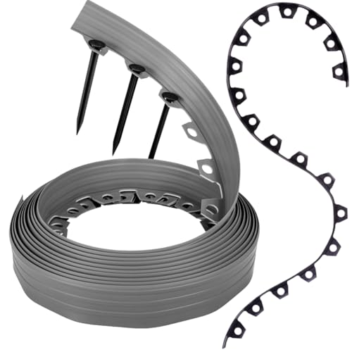 GARDENIX Flexible Rasenkante Kunststoff - Grau, 10 m, 20 Erdanker, 8 cm Höhe Wetterbeständige Rasenabgrenzung Beeteinfassung Rund - Blumenbeet Umrandung - für Gärten und Mähroboter