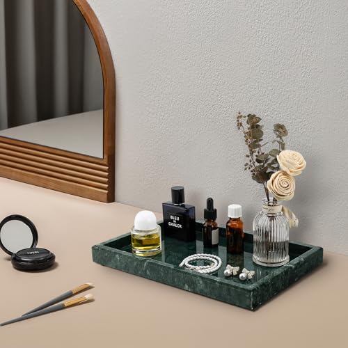 Image of Real Natural Marble Tray for Bathroom, Vanity, Kitchen and Desktop, Rectangle Genuine Marble Stone Tray for Jewelry, Cosmetics, Candles, Lotion, Perfume and Home Decor