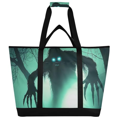Monster Forest Large Insulated Reusable Tote Bag for Grocery Shopping for Women Men, Cooler Bag with Zippered Top & Handles for Travel Beach Picnic
